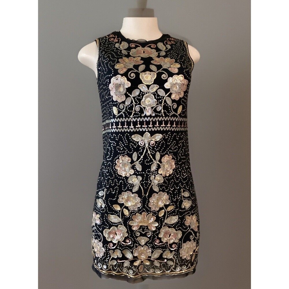 Chelsea & Violet Girls Black W/Iridescent Floral Sequin Dress Size XS
